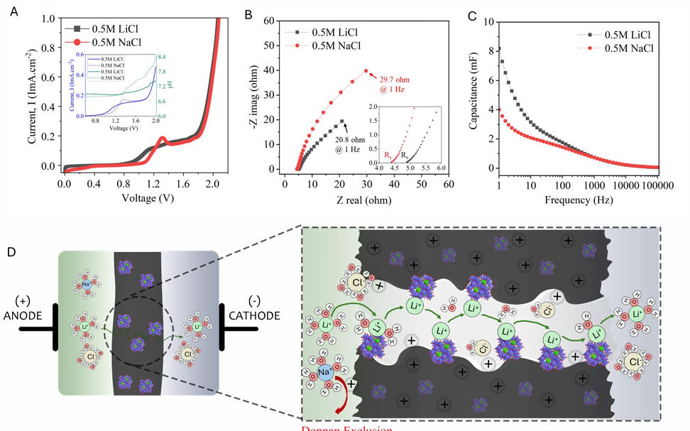 Ion-selective electrochemical transport and lithium recovery performance